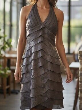 Cache Halter Cocktail Dress Tiered Metallic Shimmering Brown Size 6